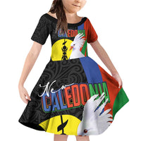 New Caledonia Family Matching Off Shoulder Short Dress and Hawaiian Shirt Kagu Bird and The Seal with Melanesian Culture LT03 Daughter's Dress Black - Polynesian Pride