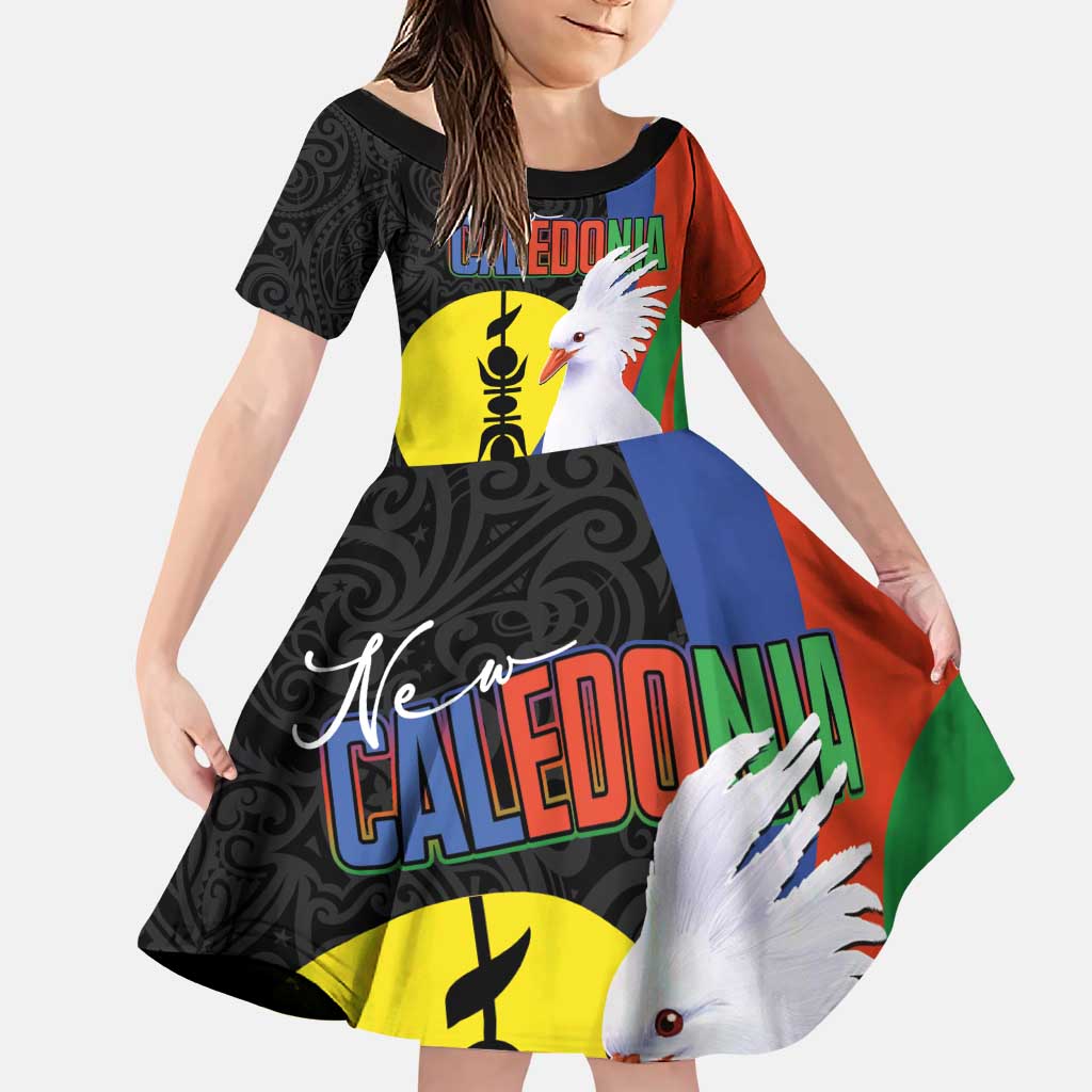 New Caledonia Family Matching Puletasi and Hawaiian Shirt Kagu Bird and The Seal with Melanesian Culture LT03 Daughter's Dress Black - Polynesian Pride
