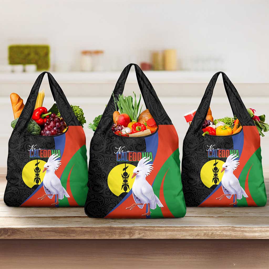 New Caledonia Grocery Bag Kagu Bird and The Seal with Melanesian Culture LT03 3-pack One Size Black - Polynesian Pride