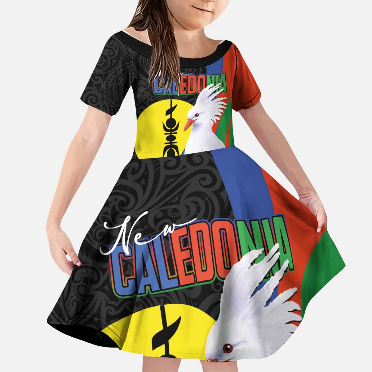 New Caledonia Kid Short Sleeve Dress Kagu Bird and The Seal with Melanesian Culture LT03 KID Black - Polynesian Pride