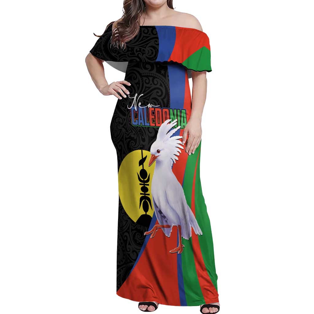 New Caledonia Off Shoulder Maxi Dress Kagu Bird and The Seal with Melanesian Culture LT03 Women Black - Polynesian Pride