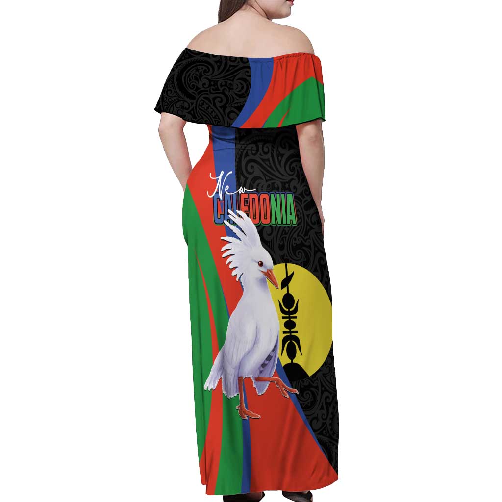 New Caledonia Off Shoulder Maxi Dress Kagu Bird and The Seal with Melanesian Culture LT03 - Polynesian Pride