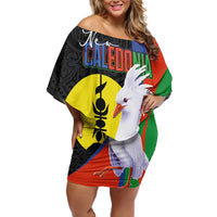 New Caledonia Off Shoulder Short Dress Kagu Bird and The Seal with Melanesian Culture LT03 Women Black - Polynesian Pride