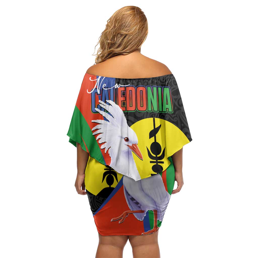 New Caledonia Off Shoulder Short Dress Kagu Bird and The Seal with Melanesian Culture LT03 - Polynesian Pride