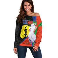 New Caledonia Off Shoulder Sweater Kagu Bird and The Seal with Melanesian Culture LT03 Women Black - Polynesian Pride