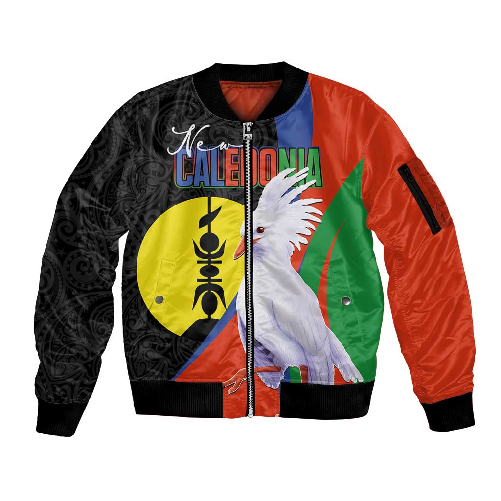 New Caledonia Sleeve Zip Bomber Jacket Kagu Bird and The Seal with Melanesian Culture LT03 Unisex Black - Polynesian Pride