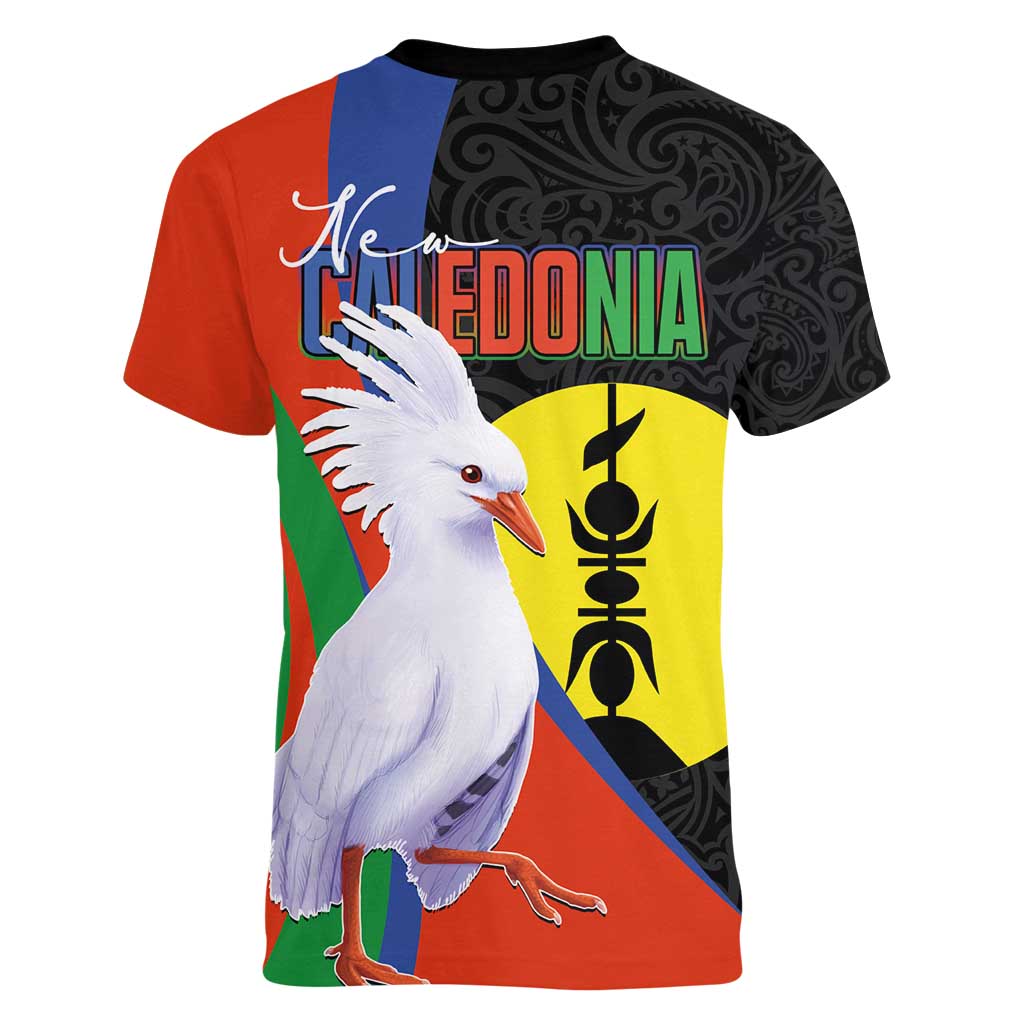 New Caledonia Women V-Neck T-Shirt Kagu Bird and The Seal with Melanesian Culture LT03 - Polynesian Pride