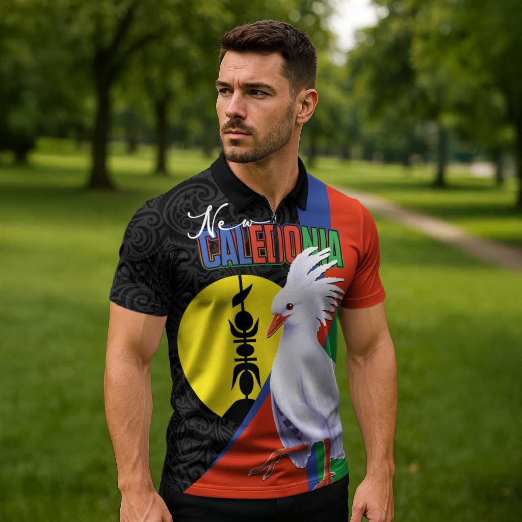 New Caledonia Zipper Polo Shirt Kagu Bird and The Seal with Melanesian Culture LT03 - Polynesian Pride