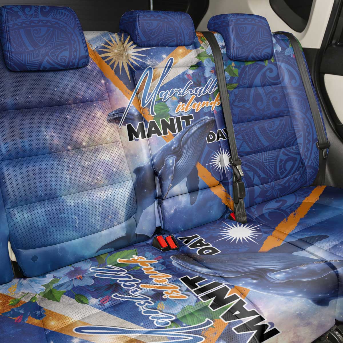 Marshall Islands Manit Day Back Car Seat Cover Grunge National Flag with Whales and Tribal Tattoos LT03 - Polynesian Pride
