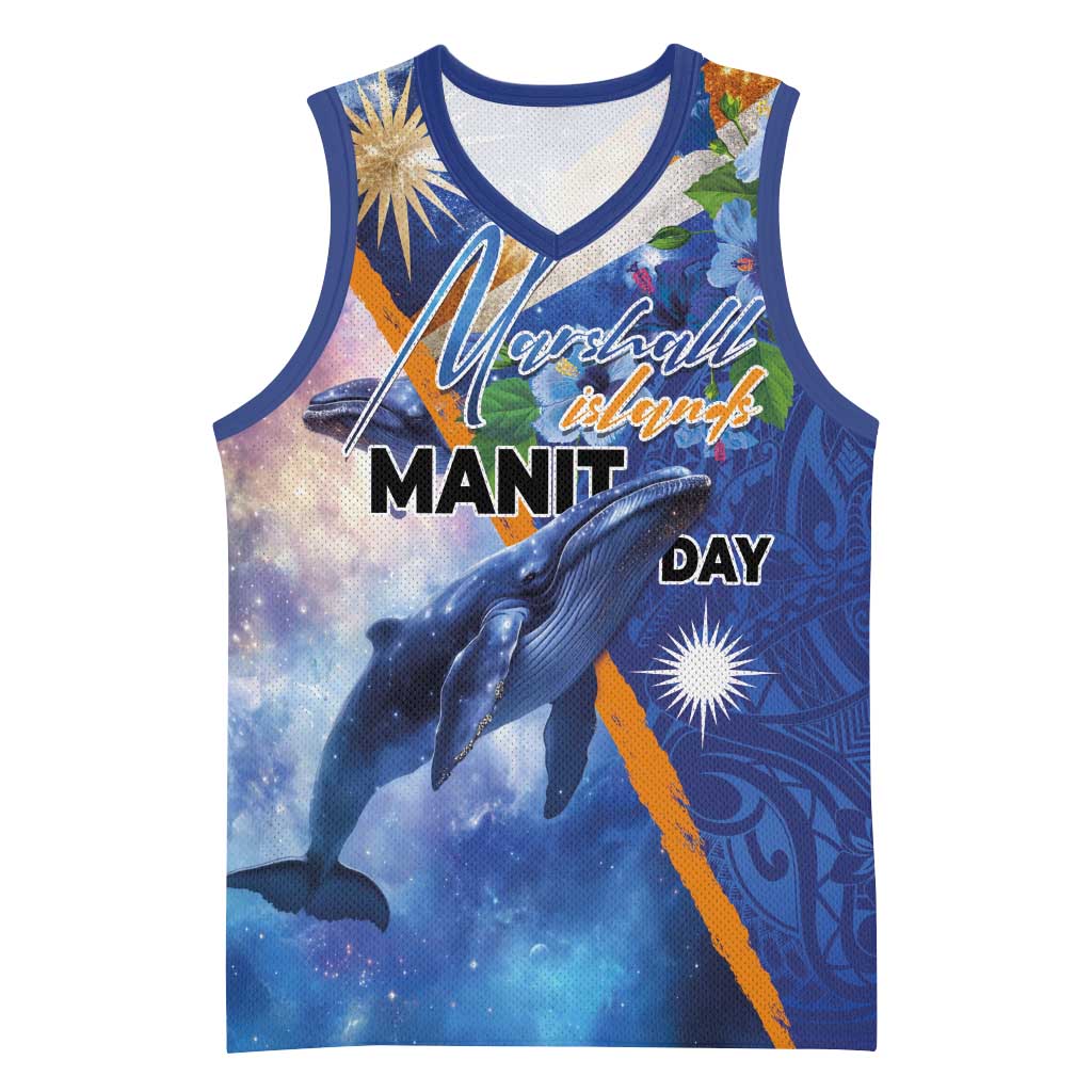 Marshall Islands Manit Day Basketball Jersey Grunge National Flag with Whales and Tribal Tattoos LT03 Unisex Blue - Polynesian Pride