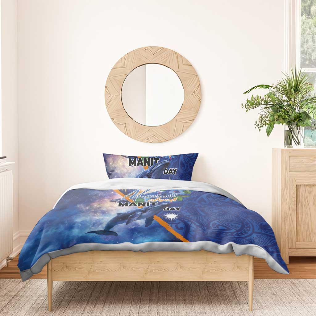 Marshall Islands Manit Day Bedding Set Grunge National Flag with Whales and Tribal Tattoos - Polynesian Pride
