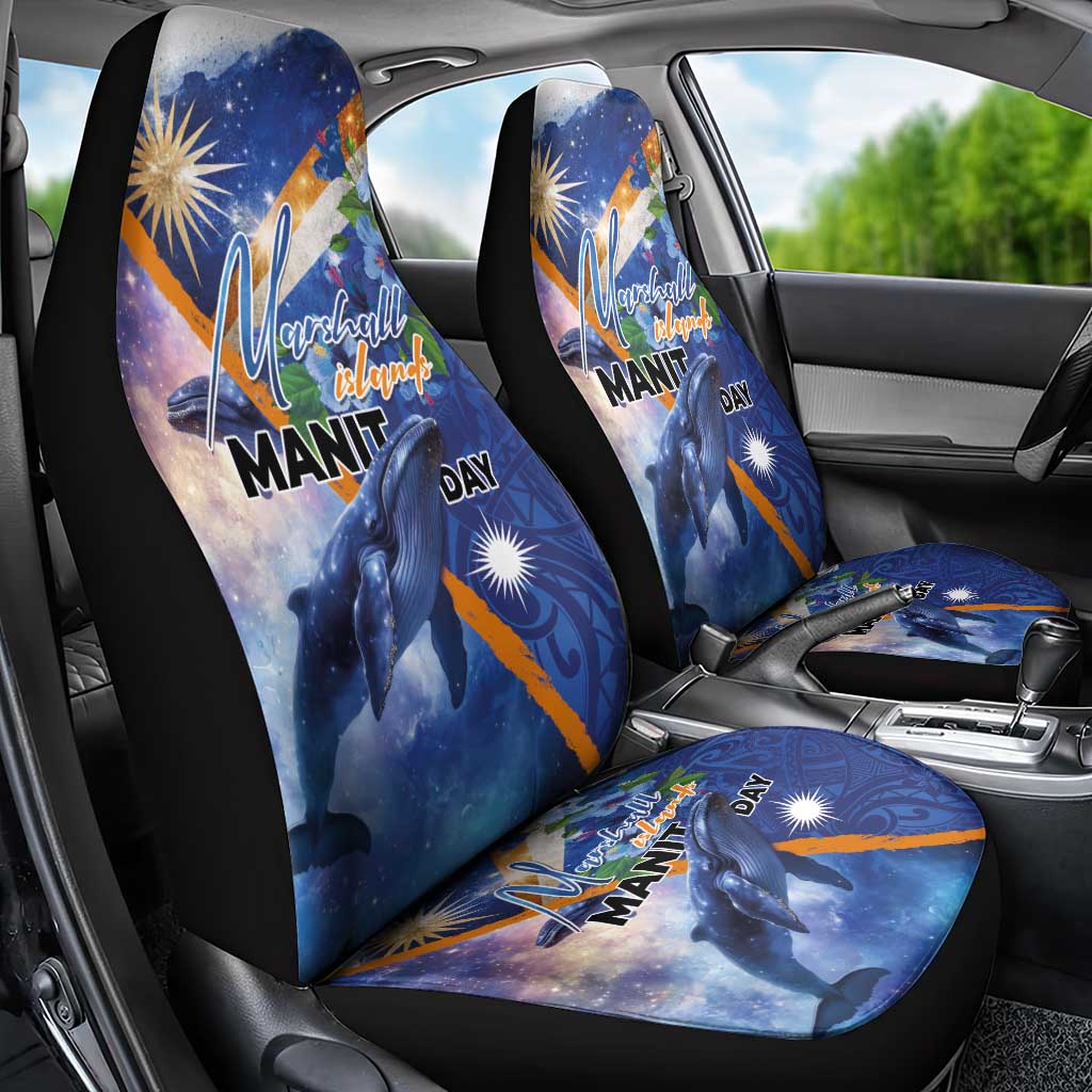 Marshall Islands Manit Day Car Seat Cover Grunge National Flag with Whales and Tribal Tattoos LT03 - Polynesian Pride