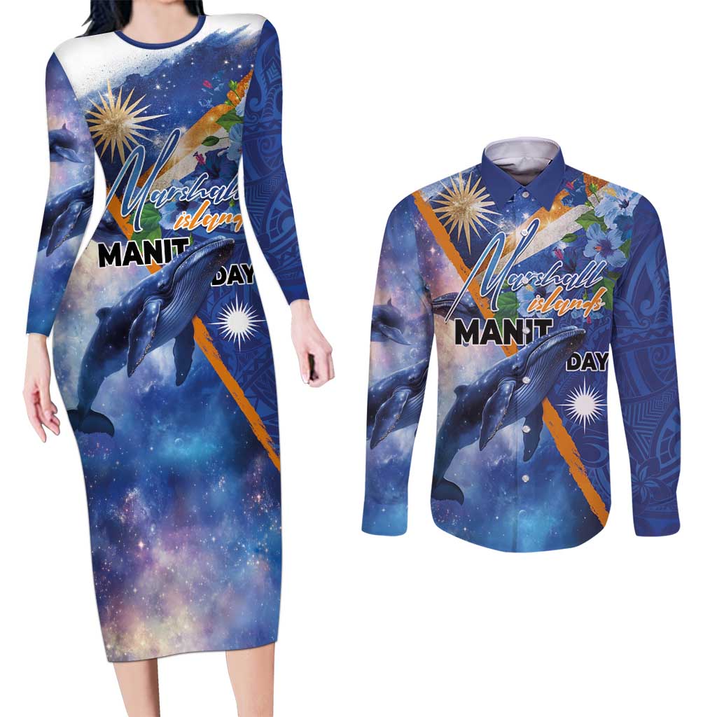 Marshall Islands Manit Day Couples Matching Long Sleeve Bodycon Dress and Long Sleeve Button Shirt Grunge National Flag with Whales and Tribal Tattoos LT03 Blue - Polynesian Pride