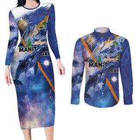 Marshall Islands Manit Day Couples Matching Long Sleeve Bodycon Dress and Long Sleeve Button Shirt Grunge National Flag with Whales and Tribal Tattoos LT03 Blue - Polynesian Pride
