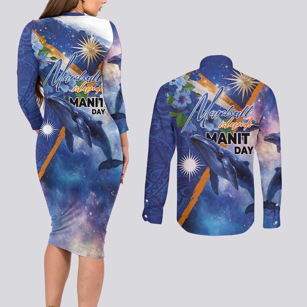 Marshall Islands Manit Day Couples Matching Long Sleeve Bodycon Dress and Long Sleeve Button Shirt Grunge National Flag with Whales and Tribal Tattoos LT03 - Polynesian Pride