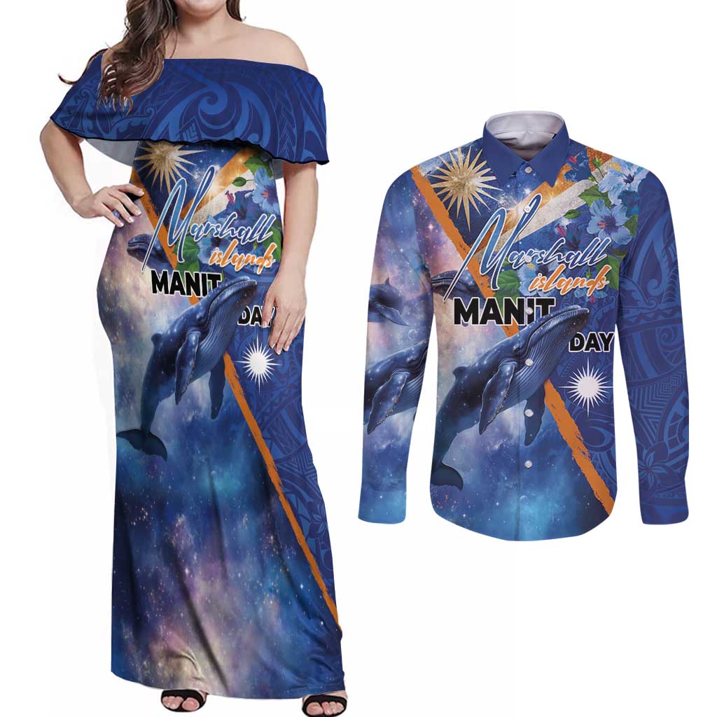 Marshall Islands Manit Day Couples Matching Off Shoulder Maxi Dress and Long Sleeve Button Shirt Grunge National Flag with Whales and Tribal Tattoos LT03 Blue - Polynesian Pride