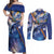 Marshall Islands Manit Day Couples Matching Off Shoulder Maxi Dress and Long Sleeve Button Shirt Grunge National Flag with Whales and Tribal Tattoos - Polynesian Pride