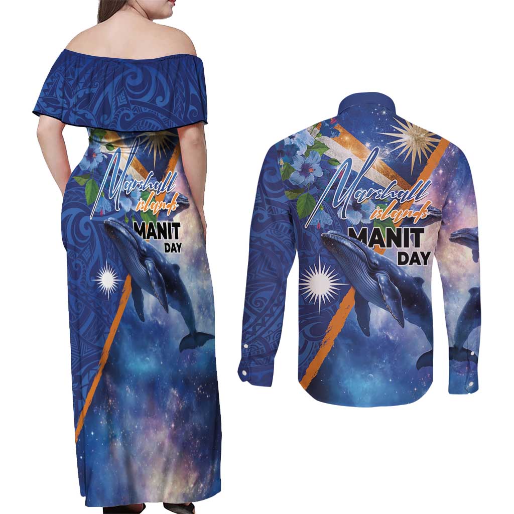 Marshall Islands Manit Day Couples Matching Off Shoulder Maxi Dress and Long Sleeve Button Shirt Grunge National Flag with Whales and Tribal Tattoos LT03 - Polynesian Pride