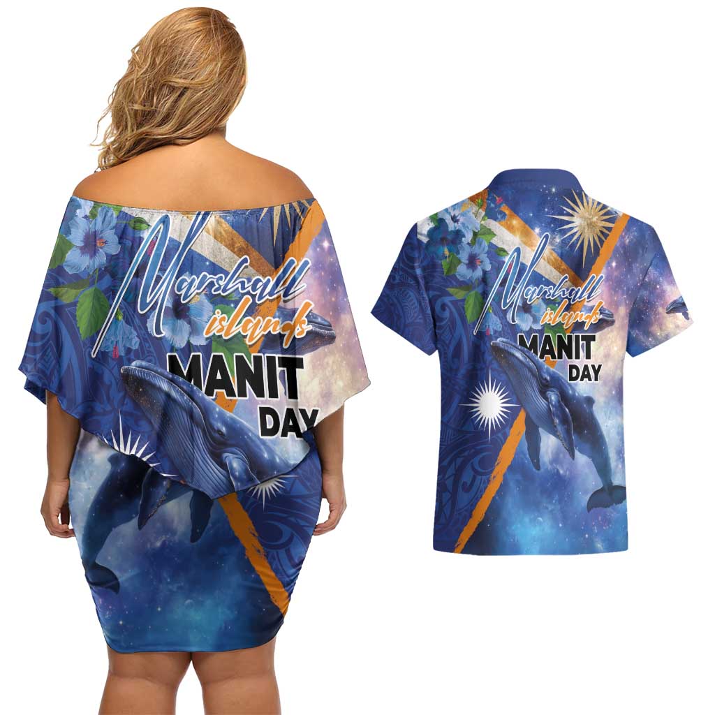 Marshall Islands Manit Day Couples Matching Off Shoulder Short Dress and Hawaiian Shirt Grunge National Flag with Whales and Tribal Tattoos LT03 - Polynesian Pride