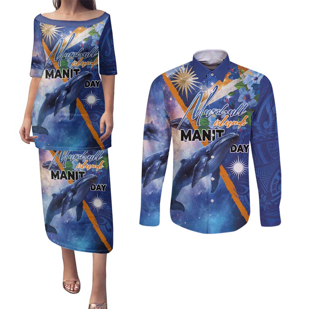 Marshall Islands Manit Day Couples Matching Puletasi and Long Sleeve Button Shirt Grunge National Flag with Whales and Tribal Tattoos LT03 Blue - Polynesian Pride
