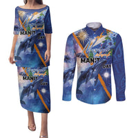 Marshall Islands Manit Day Couples Matching Puletasi and Long Sleeve Button Shirt Grunge National Flag with Whales and Tribal Tattoos LT03 Blue - Polynesian Pride
