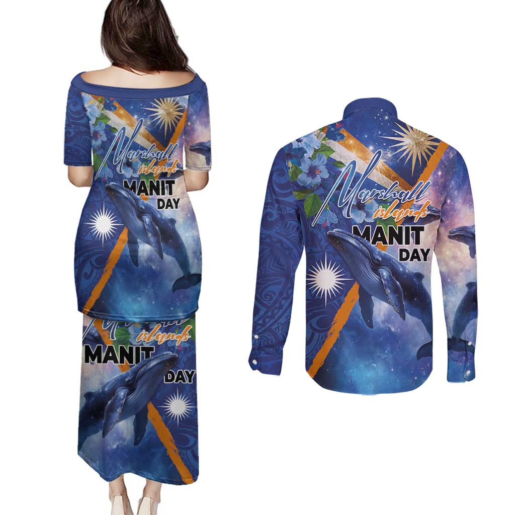 Marshall Islands Manit Day Couples Matching Puletasi and Long Sleeve Button Shirt Grunge National Flag with Whales and Tribal Tattoos LT03 - Polynesian Pride