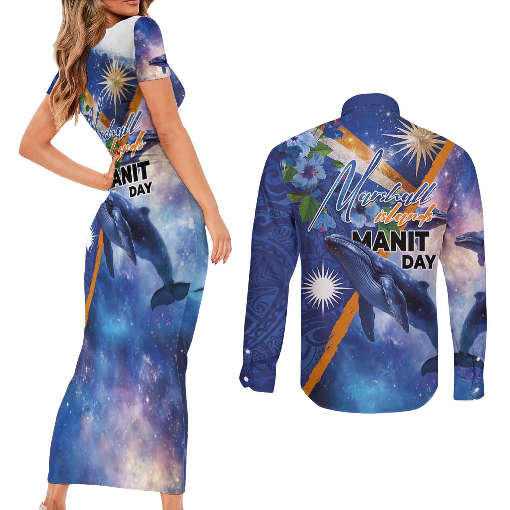 Marshall Islands Manit Day Couples Matching Short Sleeve Bodycon Dress and Long Sleeve Button Shirt Grunge National Flag with Whales and Tribal Tattoos LT03 - Polynesian Pride
