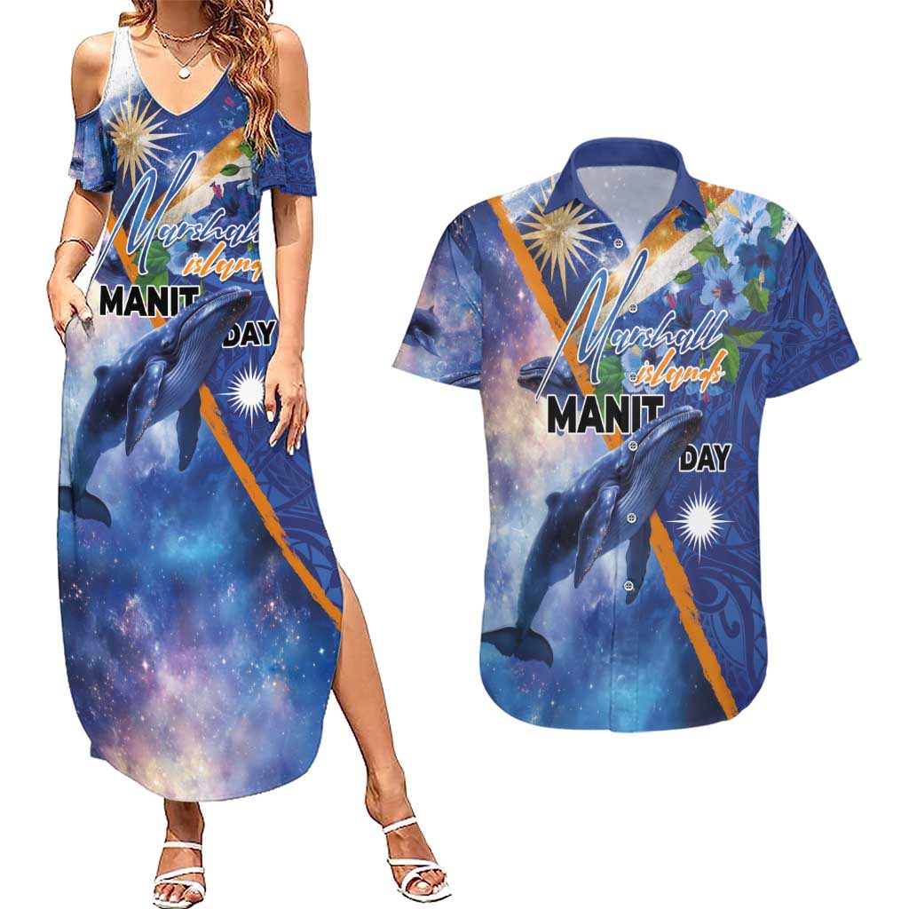 Marshall Islands Manit Day Couples Matching Summer Maxi Dress and Hawaiian Shirt Grunge National Flag with Whales and Tribal Tattoos LT03 Blue - Polynesian Pride