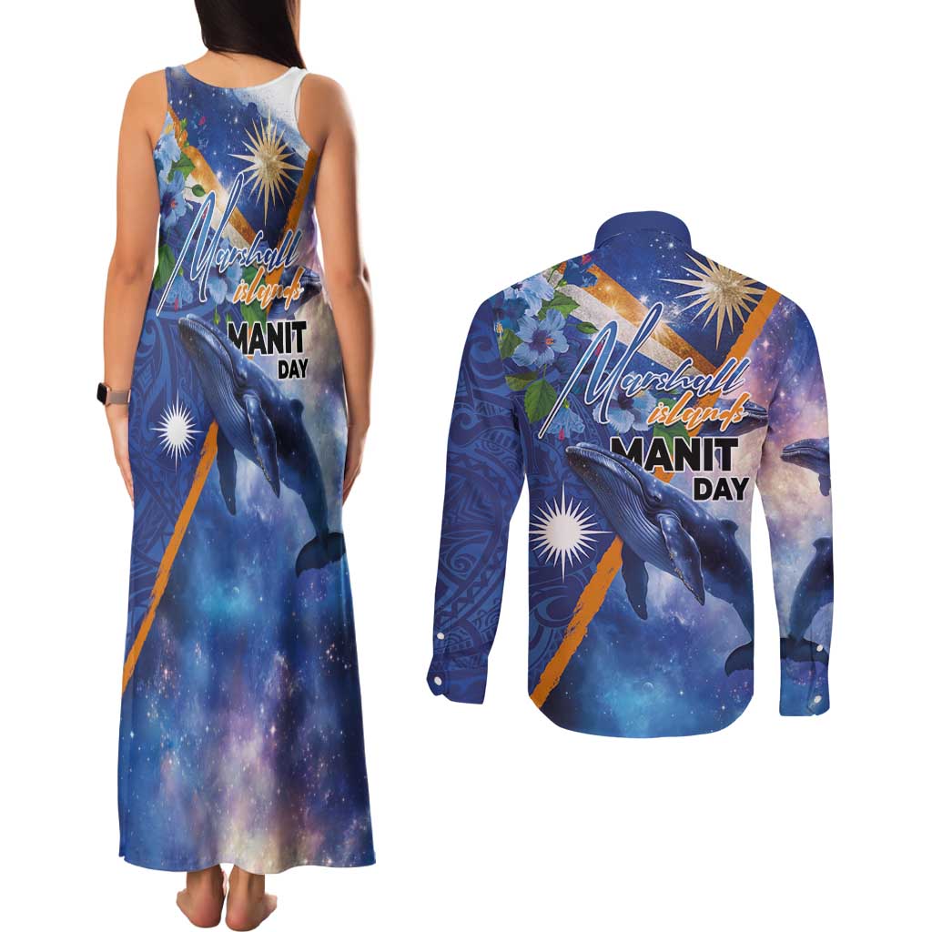 Marshall Islands Manit Day Couples Matching Tank Maxi Dress and Long Sleeve Button Shirt Grunge National Flag with Whales and Tribal Tattoos LT03 - Polynesian Pride