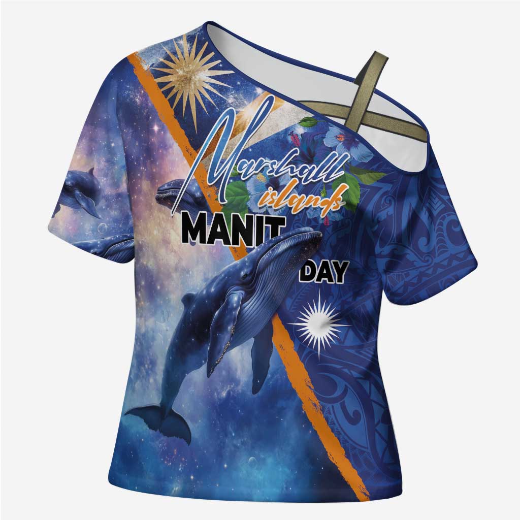 Marshall Islands Manit Day Cross Shoulder Shirt Grunge National Flag with Whales and Tribal Tattoos LT03 Female Blue - Polynesian Pride
