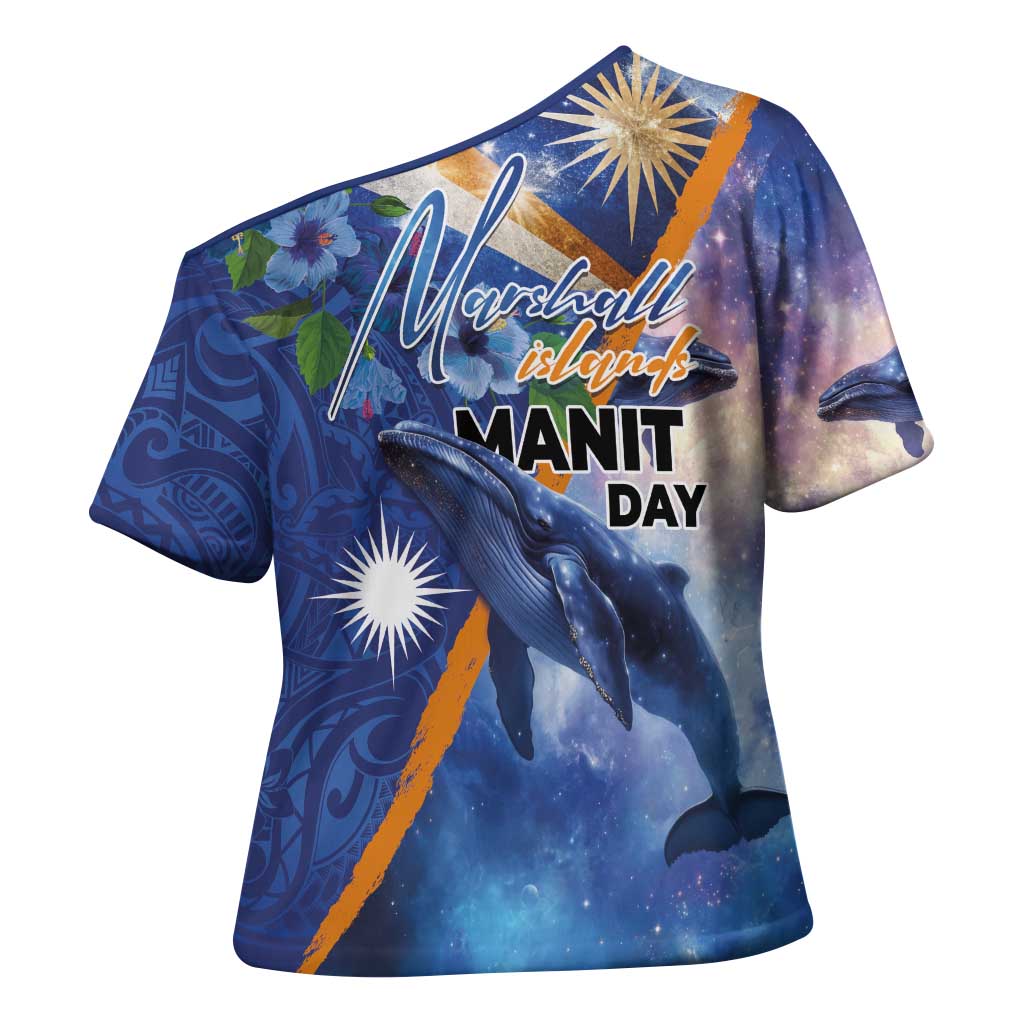 Marshall Islands Manit Day Cross Shoulder Shirt Grunge National Flag with Whales and Tribal Tattoos LT03 - Polynesian Pride