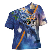 Marshall Islands Manit Day Cross Shoulder Shirt Grunge National Flag with Whales and Tribal Tattoos LT03 - Polynesian Pride
