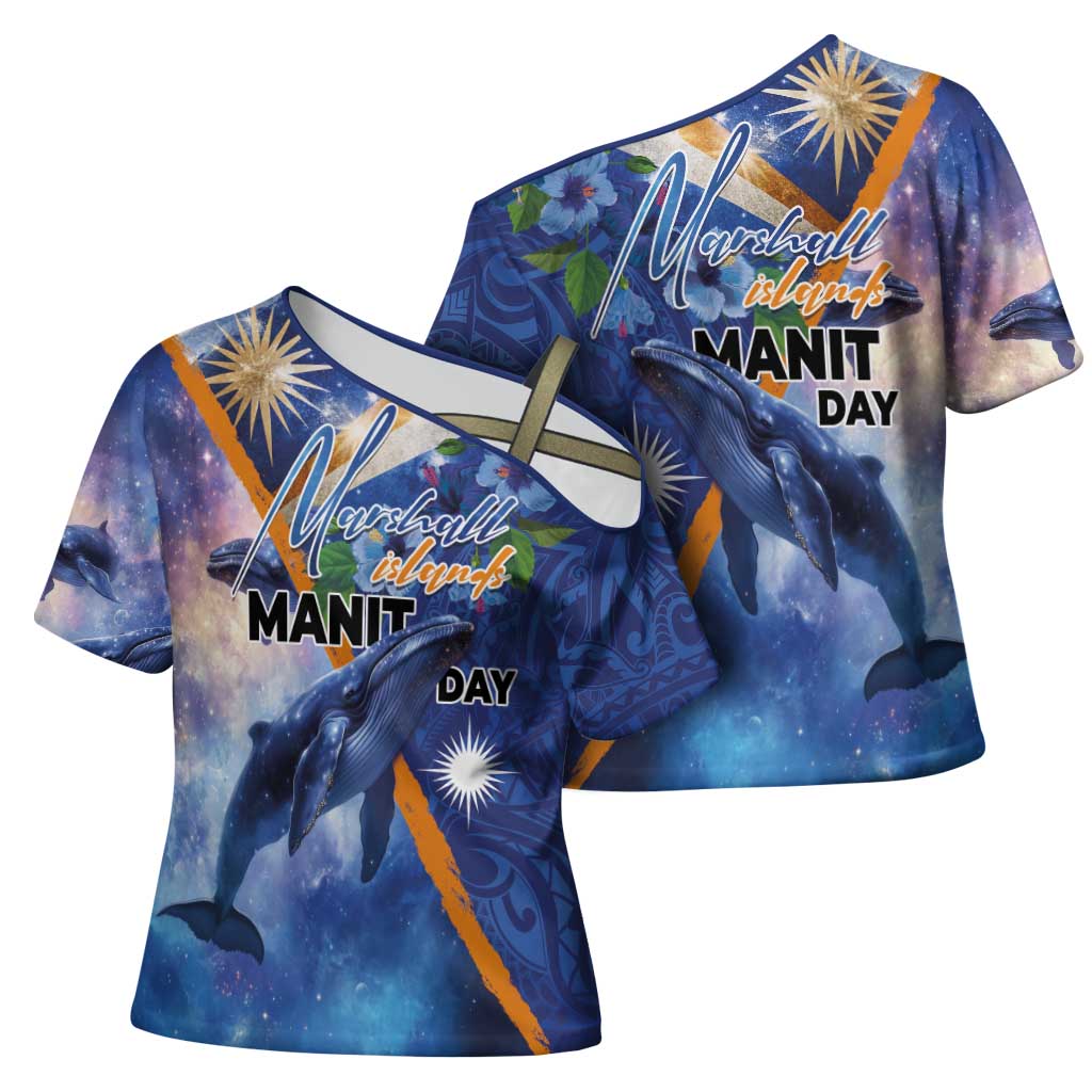 Marshall Islands Manit Day Cross Shoulder Shirt Grunge National Flag with Whales and Tribal Tattoos LT03 - Polynesian Pride
