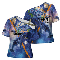 Marshall Islands Manit Day Cross Shoulder Shirt Grunge National Flag with Whales and Tribal Tattoos LT03 - Polynesian Pride