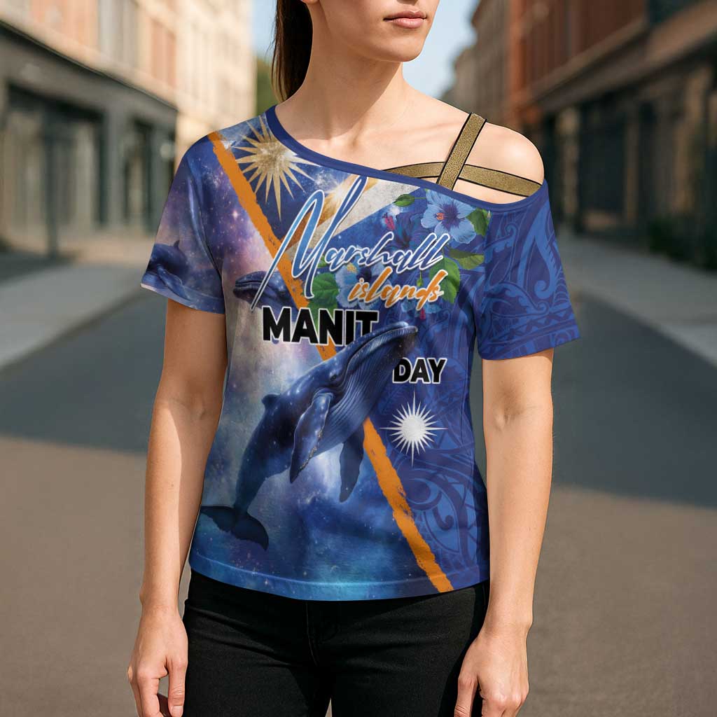 Marshall Islands Manit Day Cross Shoulder Shirt Grunge National Flag with Whales and Tribal Tattoos LT03 - Polynesian Pride