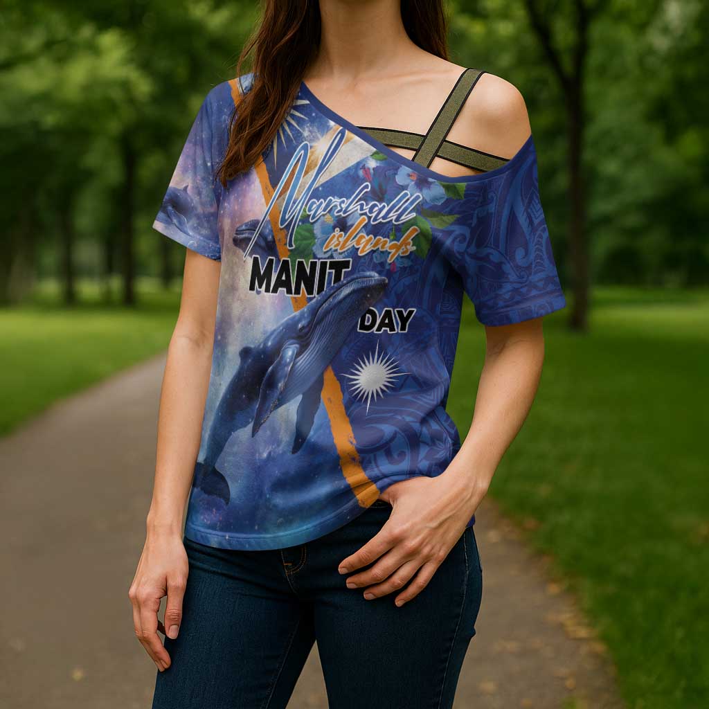 Marshall Islands Manit Day Cross Shoulder Shirt Grunge National Flag with Whales and Tribal Tattoos LT03 - Polynesian Pride