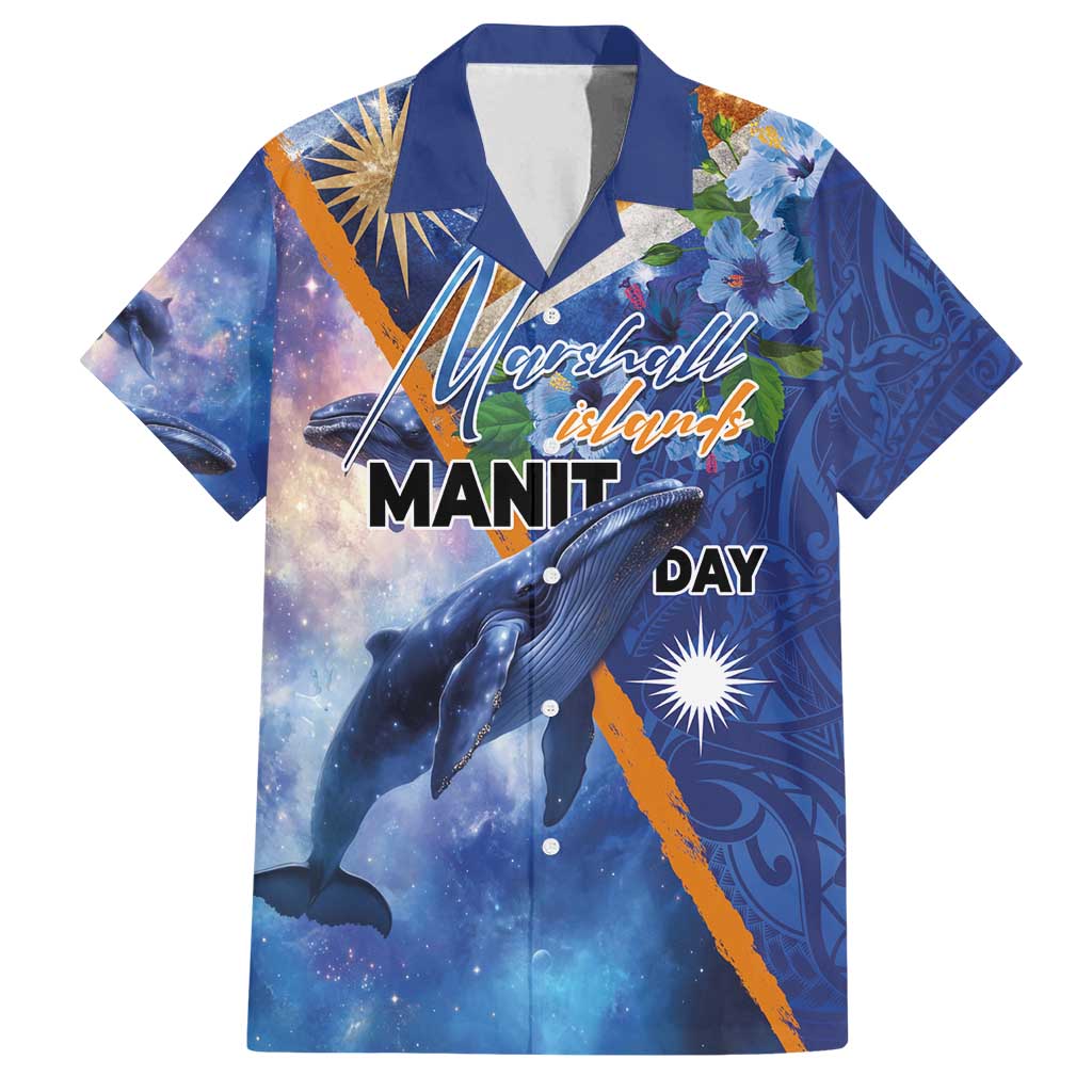Marshall Islands Manit Day Family Matching Long Sleeve Bodycon Dress and Hawaiian Shirt Grunge National Flag with Whales and Tribal Tattoos LT03 Dad's Shirt - Short Sleeve Blue - Polynesian Pride