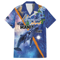 Marshall Islands Manit Day Family Matching Long Sleeve Bodycon Dress and Hawaiian Shirt Grunge National Flag with Whales and Tribal Tattoos LT03 Dad's Shirt - Short Sleeve Blue - Polynesian Pride