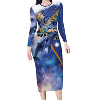Marshall Islands Manit Day Family Matching Long Sleeve Bodycon Dress and Hawaiian Shirt Grunge National Flag with Whales and Tribal Tattoos LT03 Mom's Dress Blue - Polynesian Pride