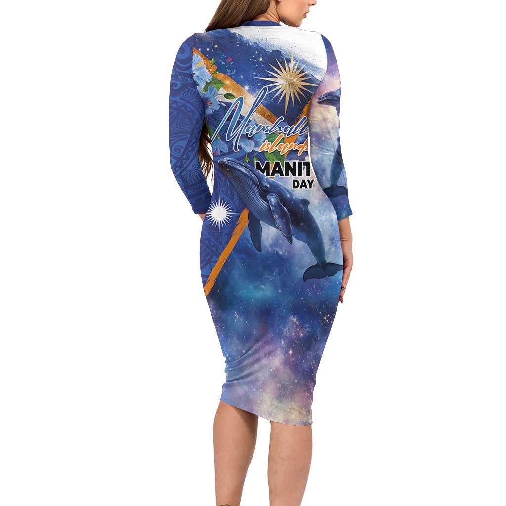 Marshall Islands Manit Day Family Matching Long Sleeve Bodycon Dress and Hawaiian Shirt Grunge National Flag with Whales and Tribal Tattoos LT03 - Polynesian Pride