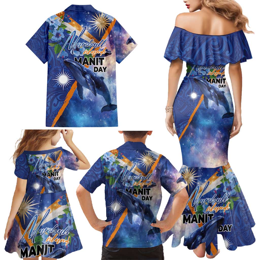Marshall Islands Manit Day Family Matching Mermaid Dress and Hawaiian Shirt Grunge National Flag with Whales and Tribal Tattoos LT03 - Polynesian Pride