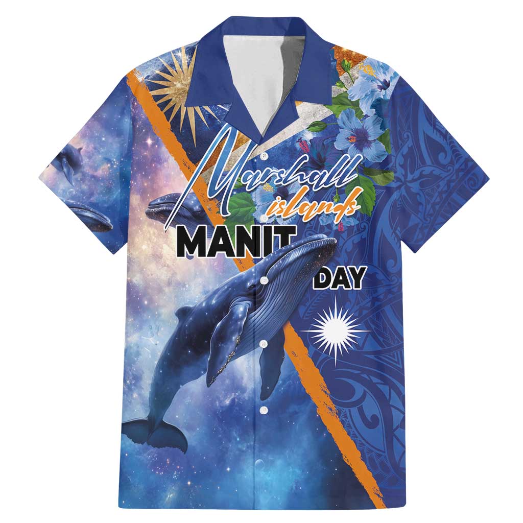 Marshall Islands Manit Day Family Matching Mermaid Dress and Hawaiian Shirt Grunge National Flag with Whales and Tribal Tattoos LT03 Dad's Shirt - Short Sleeve Blue - Polynesian Pride