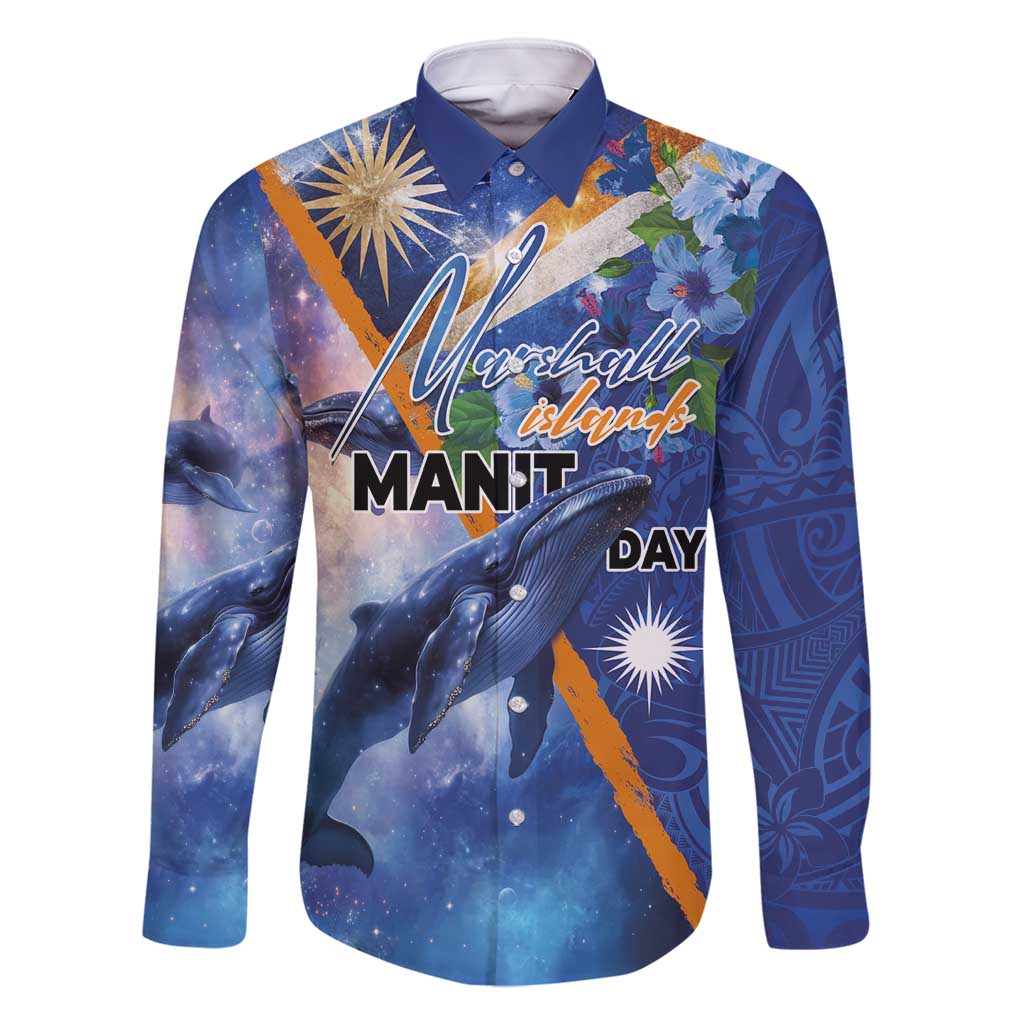 Marshall Islands Manit Day Family Matching Mermaid Dress and Hawaiian Shirt Grunge National Flag with Whales and Tribal Tattoos LT03 Dad's Shirt - Long Sleeve Blue - Polynesian Pride