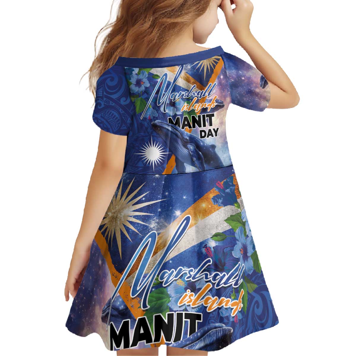 Marshall Islands Manit Day Family Matching Off The Shoulder Long Sleeve Dress and Hawaiian Shirt Grunge National Flag with Whales and Tribal Tattoos LT03 - Polynesian Pride
