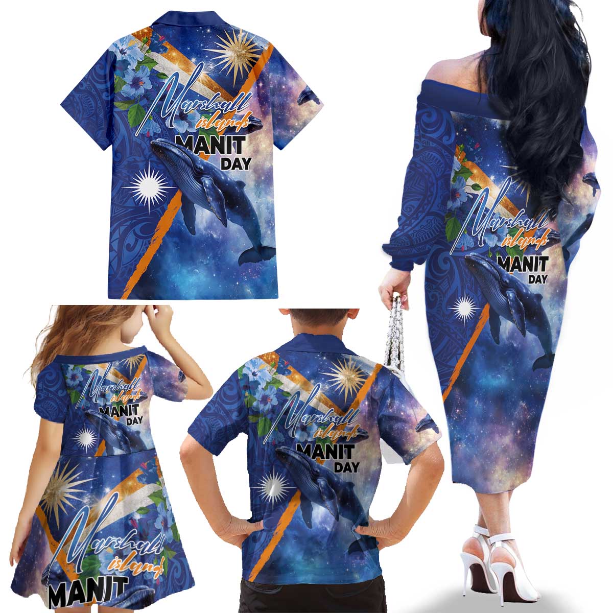Marshall Islands Manit Day Family Matching Off The Shoulder Long Sleeve Dress and Hawaiian Shirt Grunge National Flag with Whales and Tribal Tattoos LT03 - Polynesian Pride
