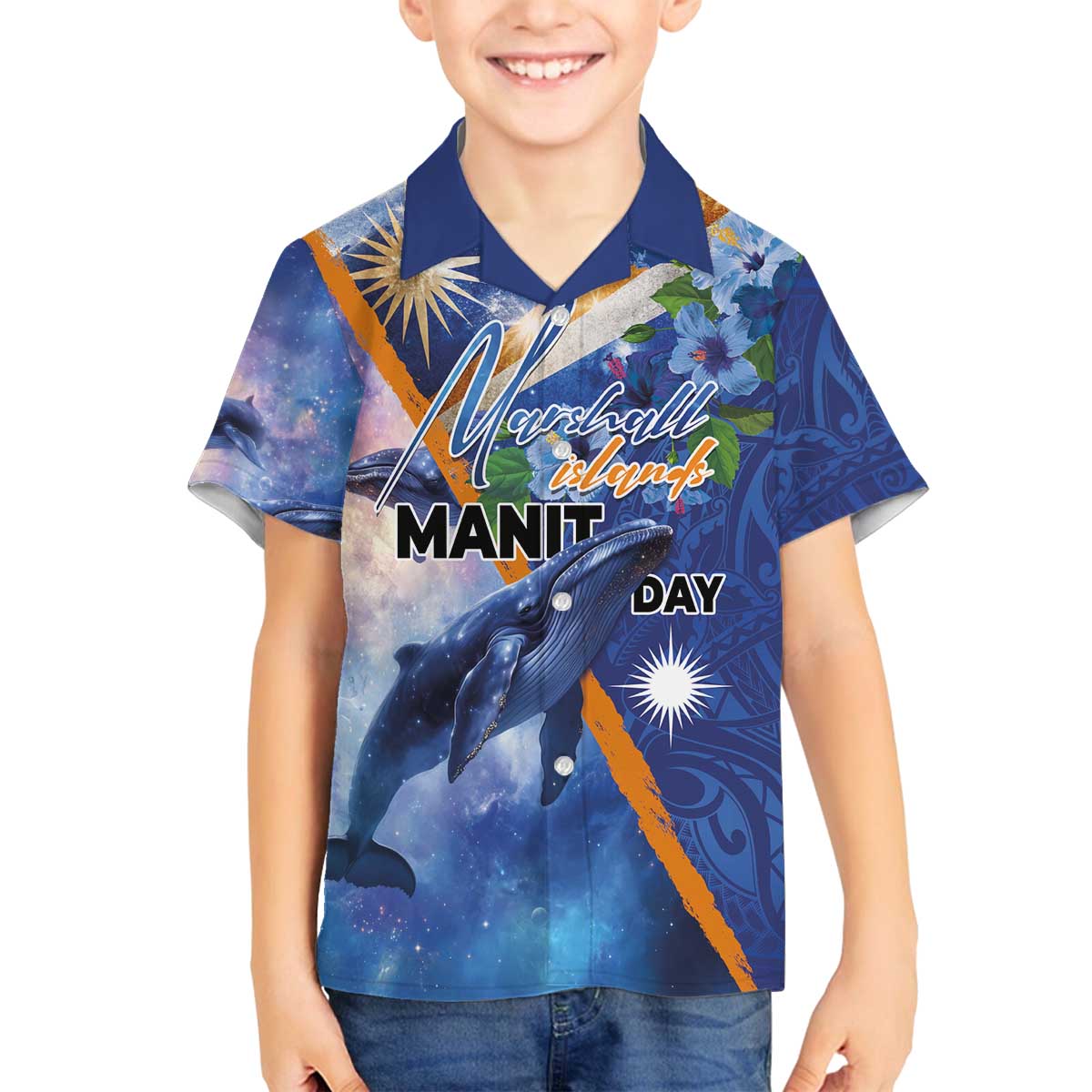 Marshall Islands Manit Day Family Matching Off The Shoulder Long Sleeve Dress and Hawaiian Shirt Grunge National Flag with Whales and Tribal Tattoos LT03 Son's Shirt Blue - Polynesian Pride