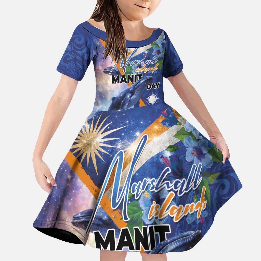 Marshall Islands Manit Day Family Matching Off Shoulder Maxi Dress and Hawaiian Shirt Grunge National Flag with Whales and Tribal Tattoos LT03 Daughter's Dress Blue - Polynesian Pride