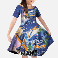 Marshall Islands Manit Day Family Matching Off Shoulder Maxi Dress and Hawaiian Shirt Grunge National Flag with Whales and Tribal Tattoos LT03 Daughter's Dress Blue - Polynesian Pride