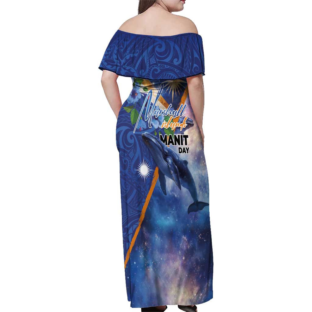 Marshall Islands Manit Day Family Matching Off Shoulder Maxi Dress and Hawaiian Shirt Grunge National Flag with Whales and Tribal Tattoos LT03 - Polynesian Pride