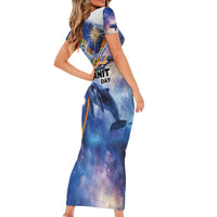 Marshall Islands Manit Day Family Matching Short Sleeve Bodycon Dress and Hawaiian Shirt Grunge National Flag with Whales and Tribal Tattoos LT03 - Polynesian Pride